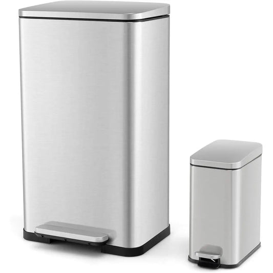 Dual Stainless Steel Trash Cans with Detachable Buckets, 10.6 Gal & 1.6 Gal, Stay-Open & Soft-Closing Lids, 2-Pack for Kitchen,